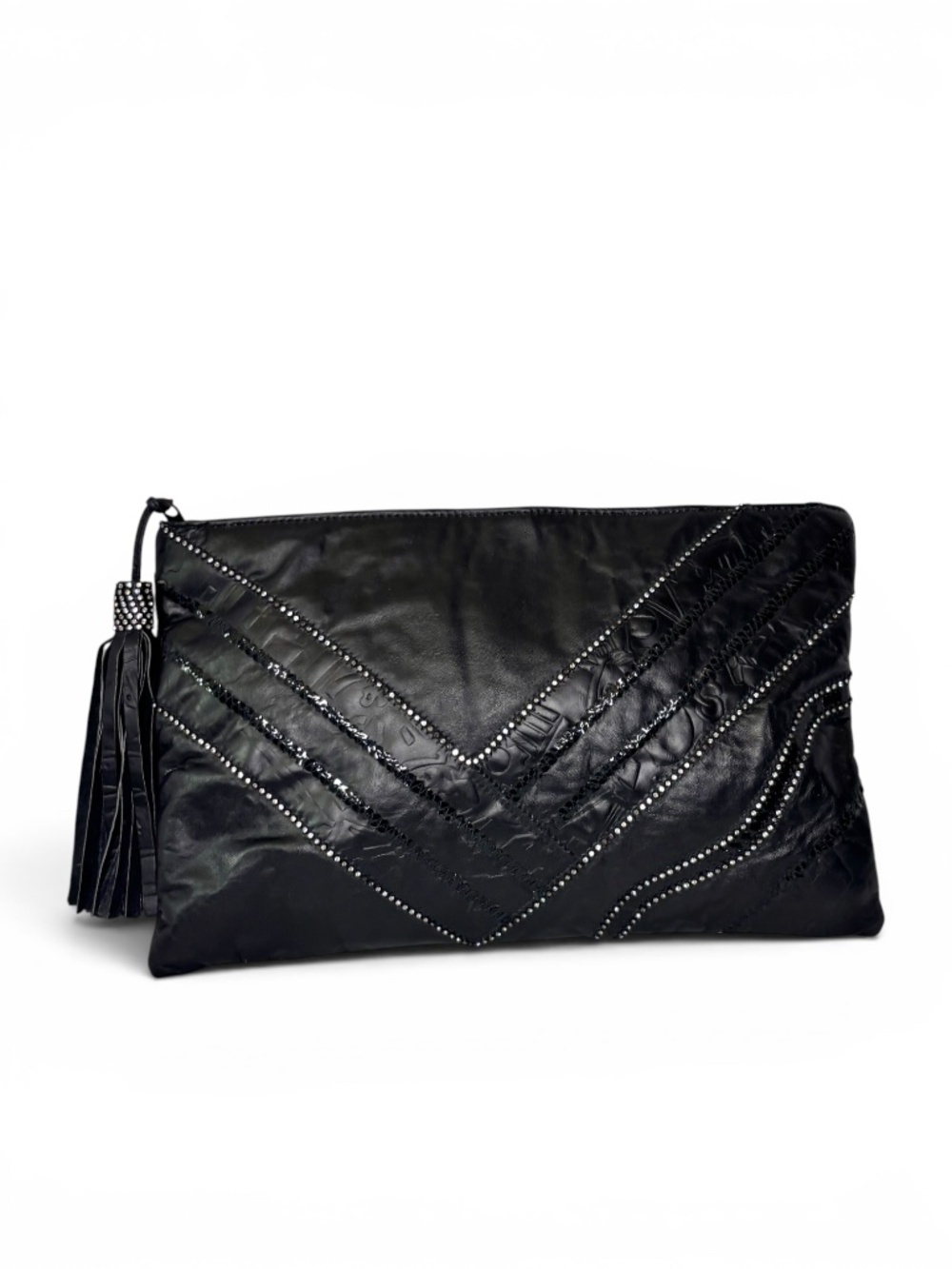 Vintage 1980s Bags by Jane Black Embossed Leather Rhinestone Clutch‎ with Tassel